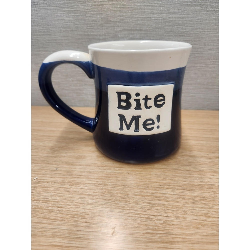Large Ceramic Pottery Funny Gift Bite Me! Coffee Cocoa Mug Stoneware Blue White